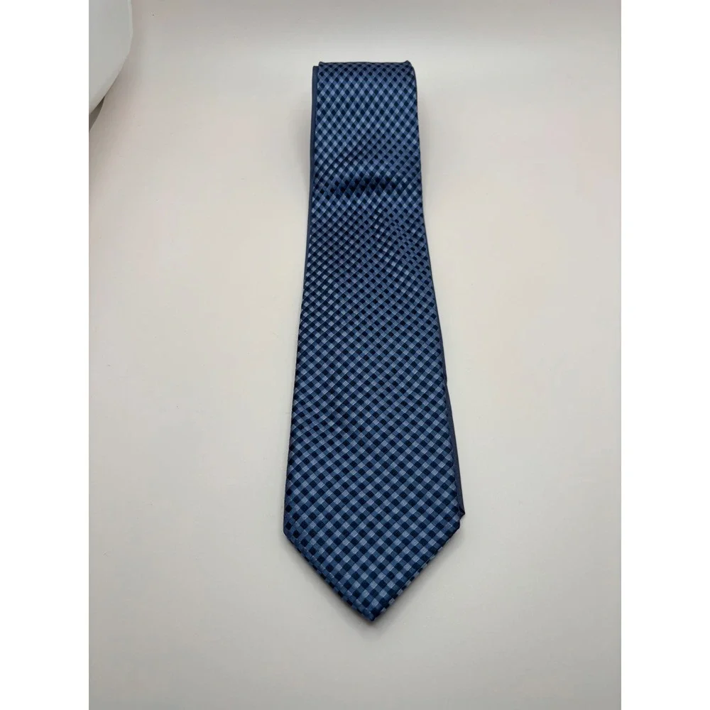 Mens Blue Checkered Woven Necktie Classic Formal Business Dress Tie